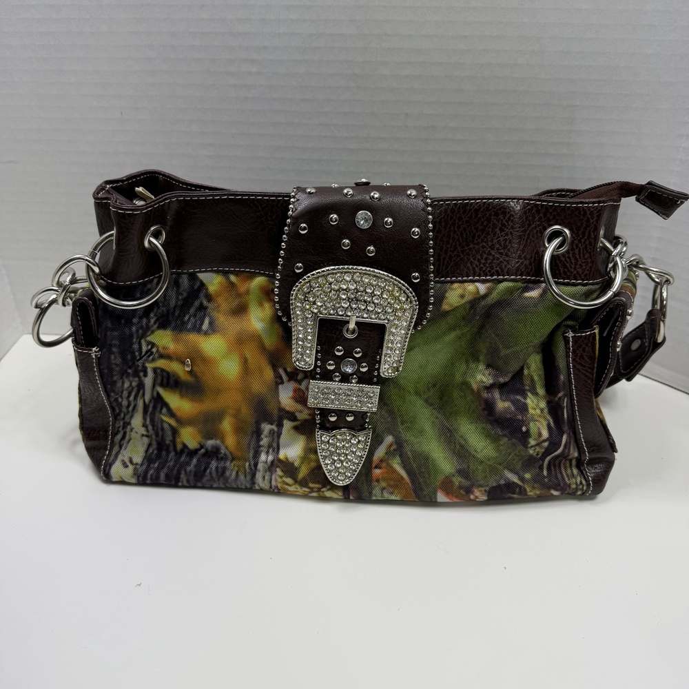 Camo Print Rhinestone Buckle Shoulder Bag Womens Medium Brown Western Purse Y2K